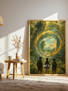 Rex 2 watercolour print in frame leaning in hallway – young adult wall art