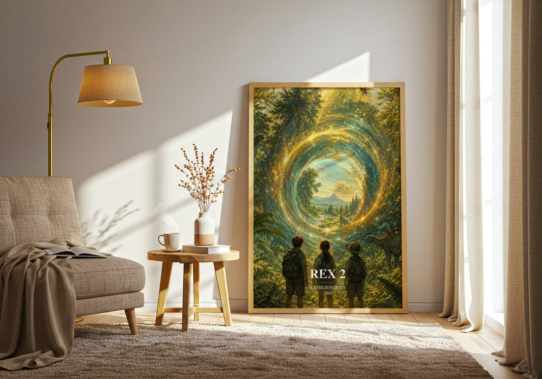 Rex 2 watercolour print in frame leaning in hallway – young adult wall art