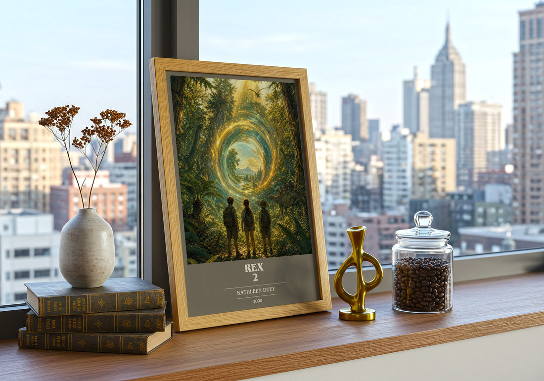 Rex 2 book cover print framed by window – literary home decor
