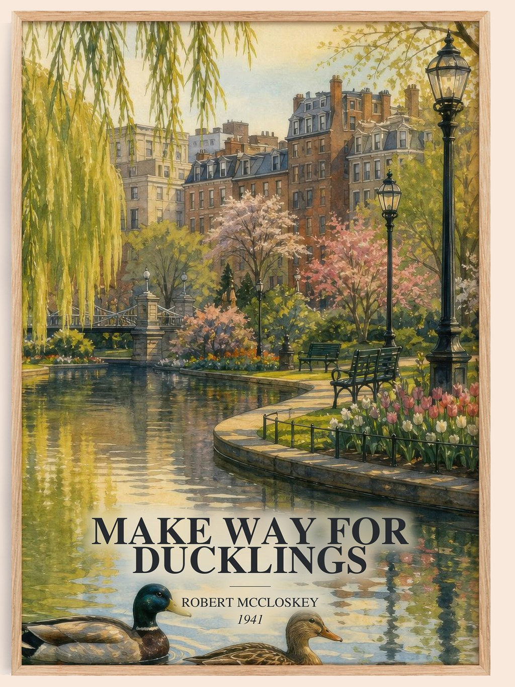 Make Way for Ducklings watercolour book poster by Robert McCloskey – framed literary art print
