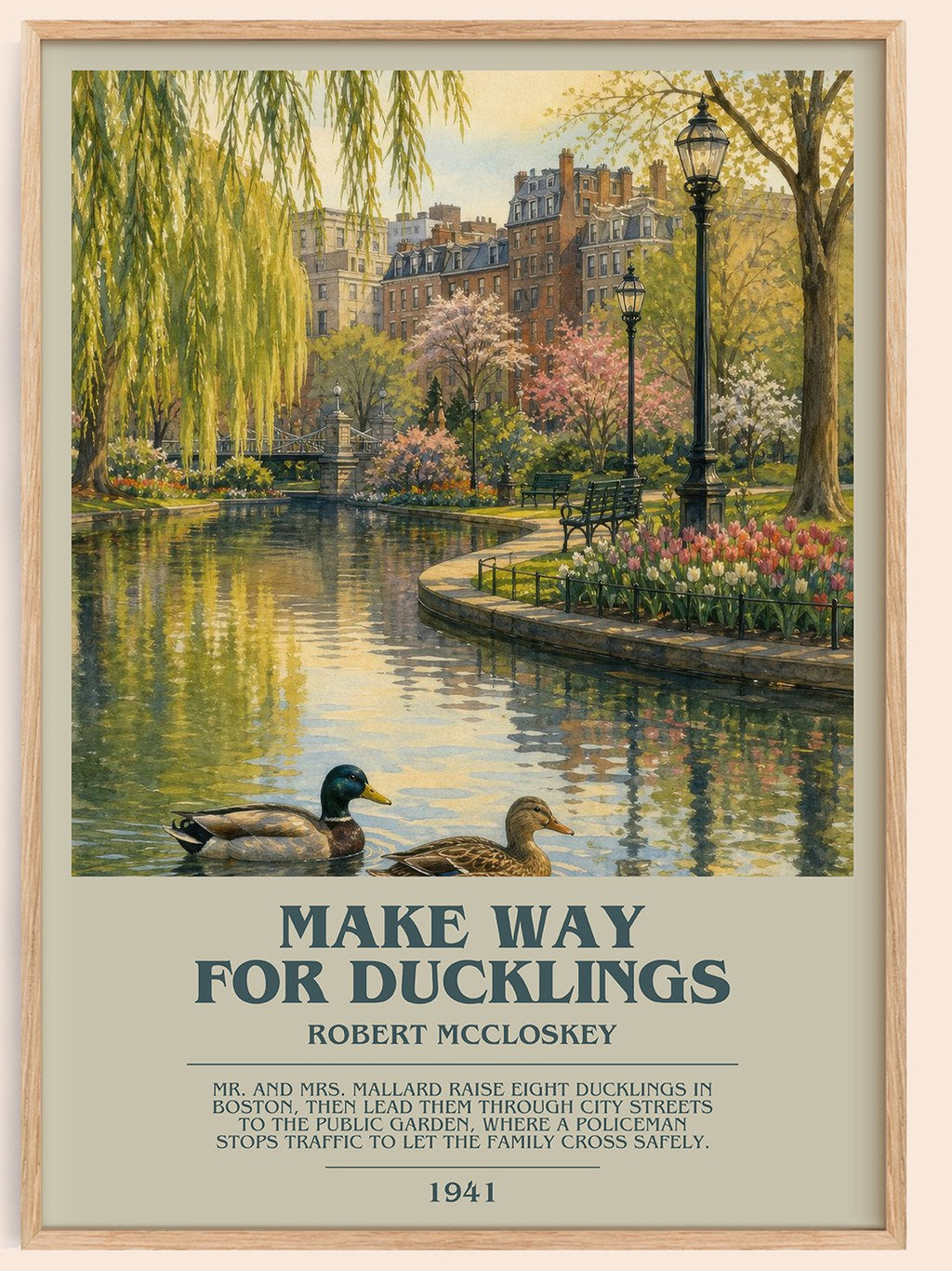 Make Way for Ducklings bookish book poster by Robert McCloskey – framed literary art print