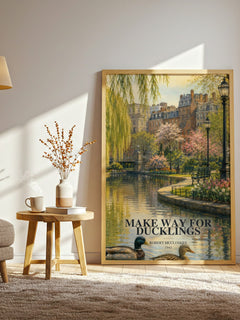 Make Way for Ducklings watercolour print in frame leaning in hallway – childrens wall art
