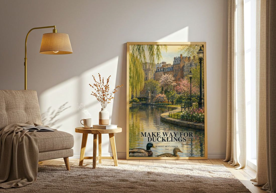 Make Way for Ducklings watercolour print in frame leaning in hallway – childrens wall art