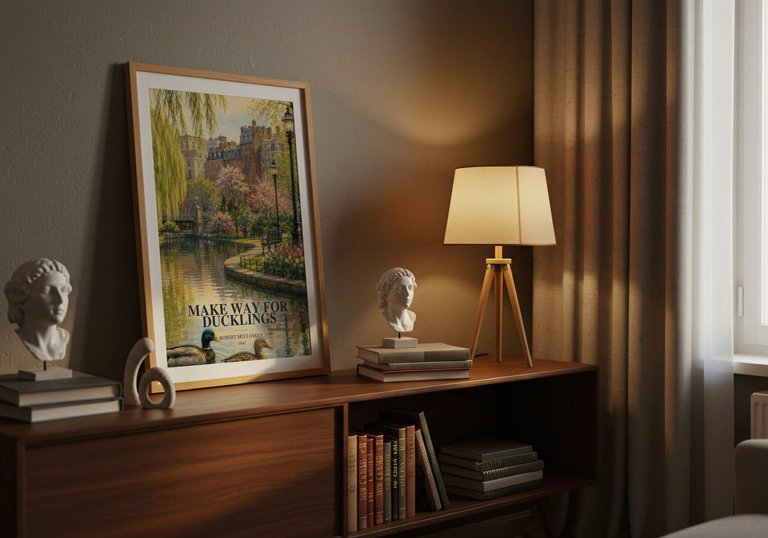 Make Way for Ducklings watercolour print on bookshelf – Robert McCloskey fan gift