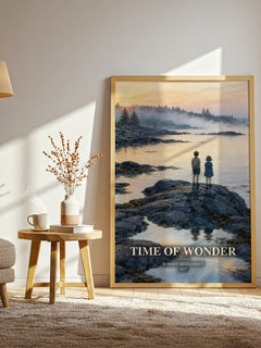 Time of Wonder watercolour print in frame leaning in hallway – childrens wall art