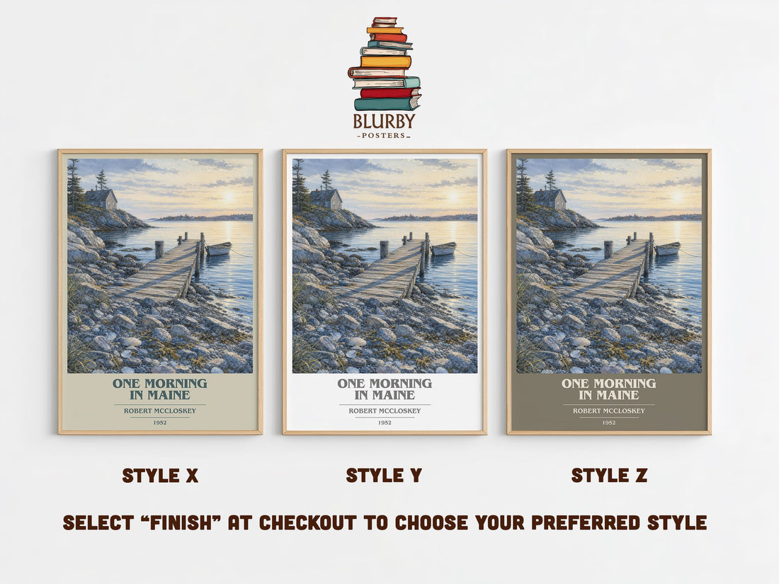 One Morning in Maine book cover print in frame leaning in hallway – childrens wall art (mockup)