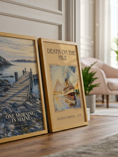 One Morning in Maine watercolour print framed by window – literary home decor