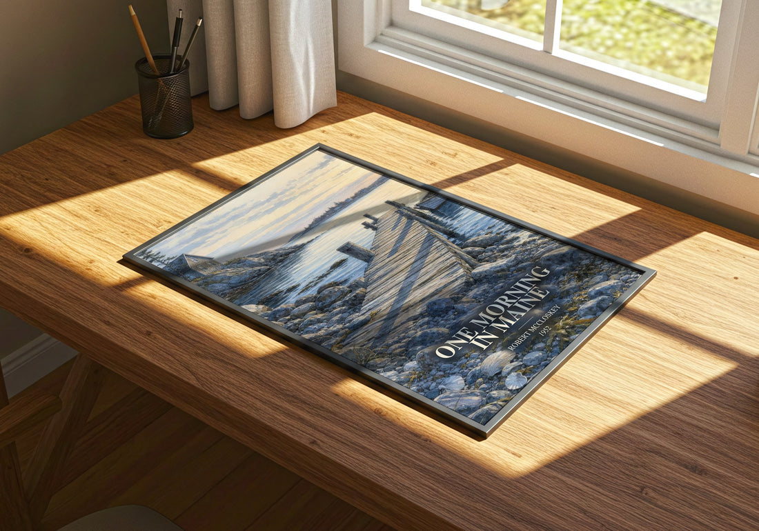 One Morning in Maine watercolour book poster framed on wall – childrens wall art