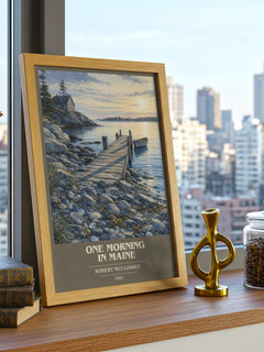 One Morning in Maine book cover print framed by window – literary home decor