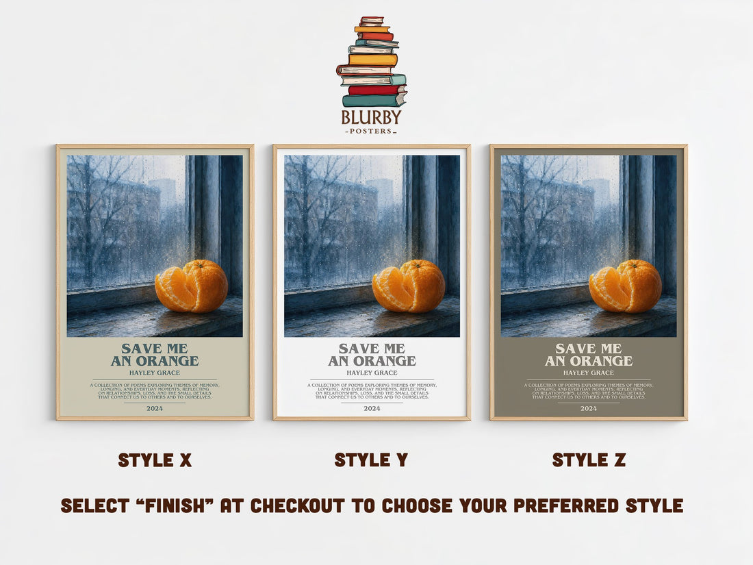 Save me an orange bookish print in frame leaning in hallway – contemporary fiction wall art (mockup)