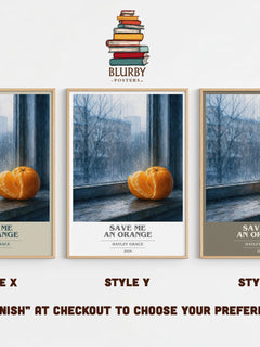Save me an orange book cover print in frame leaning in hallway – contemporary fiction wall art