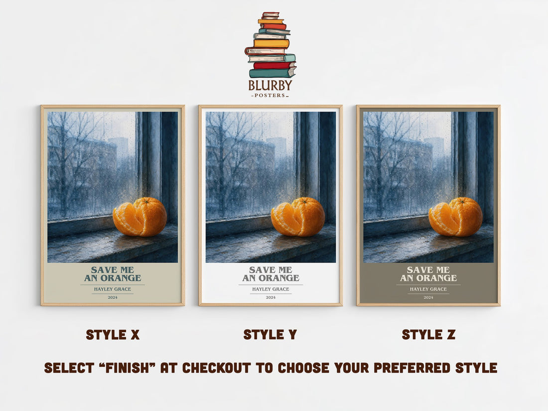Save me an orange book cover print in frame leaning in hallway – contemporary fiction wall art (mockup)