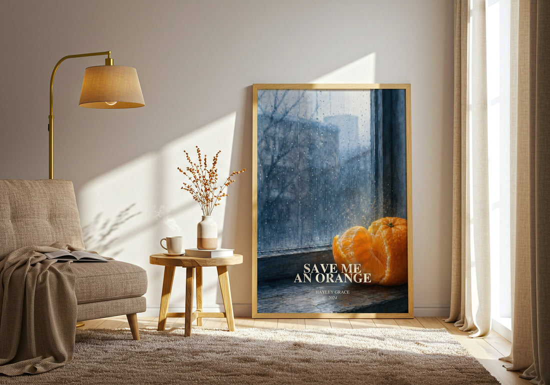 Save me an orange watercolour print in frame leaning in hallway – contemporary fiction wall art