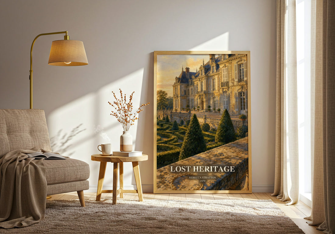 Lost heritage watercolour print in frame leaning in hallway – romance wall art