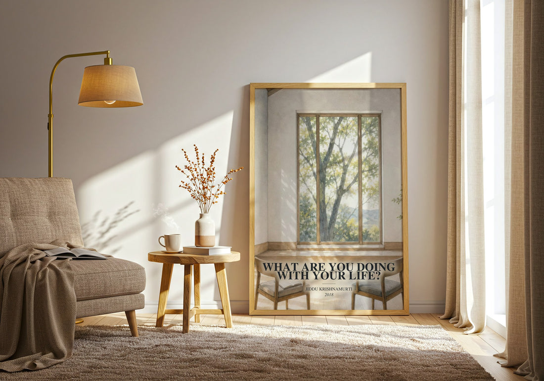 What Are You Doing with Your Life? watercolour print in frame leaning in hallway – philosophy wall art