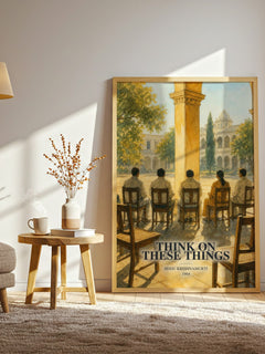 Think on These Things watercolour print in frame leaning in hallway – philosophy wall art
