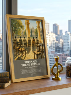 Think on These Things Bookish Wall Art by Jiddu Krishnamurti – framed print on a city-view windowsill