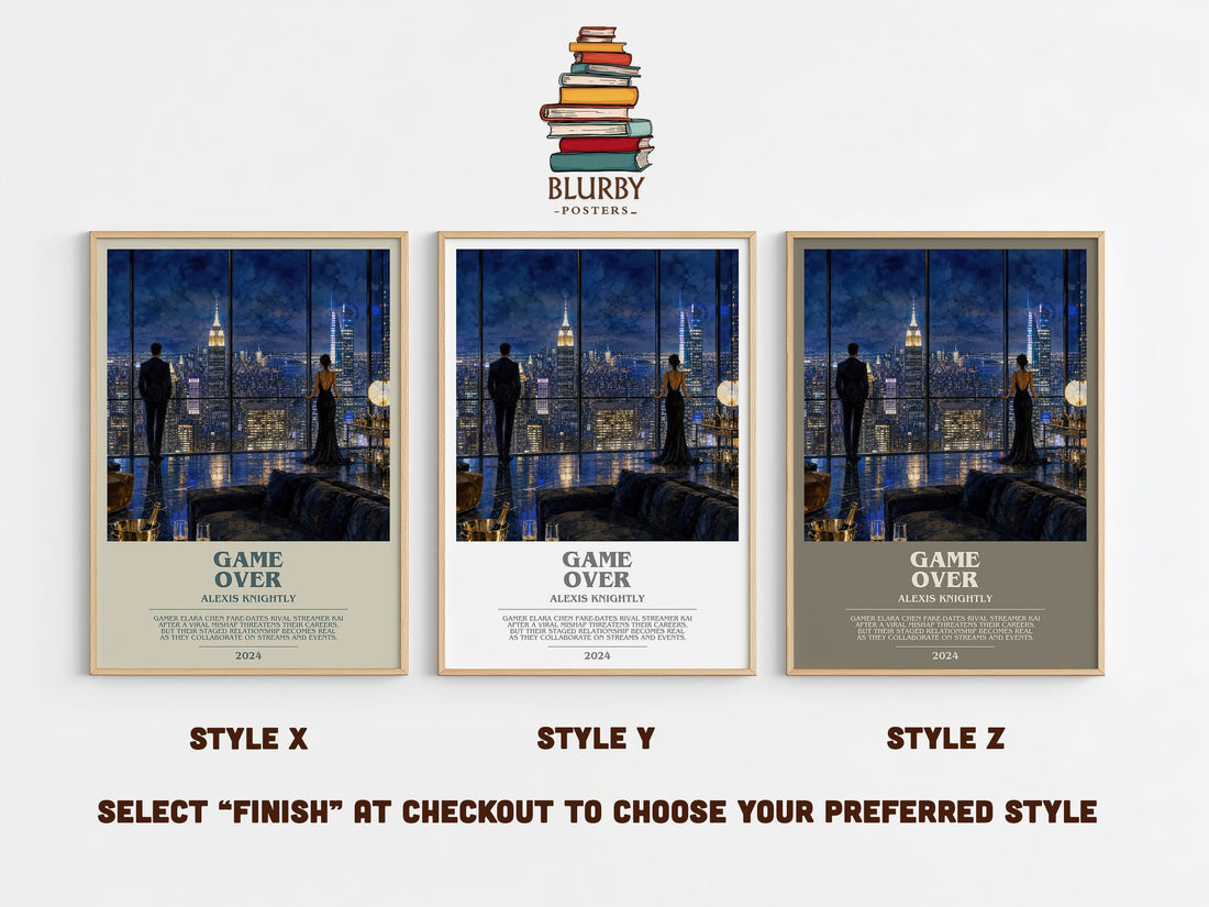 Game Over bookish print in frame leaning in hallway – thriller wall art (mockup)