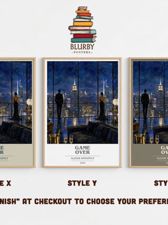 Game Over book cover print in frame leaning in hallway – thriller wall art