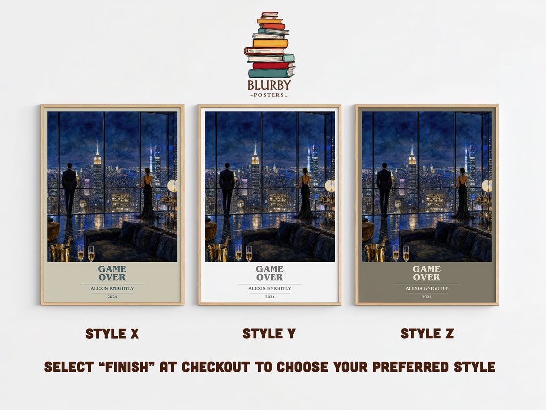 Game Over book cover print in frame leaning in hallway – thriller wall art (mockup)