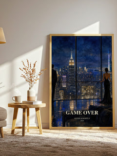 Game Over watercolour print in frame leaning in hallway – thriller wall art