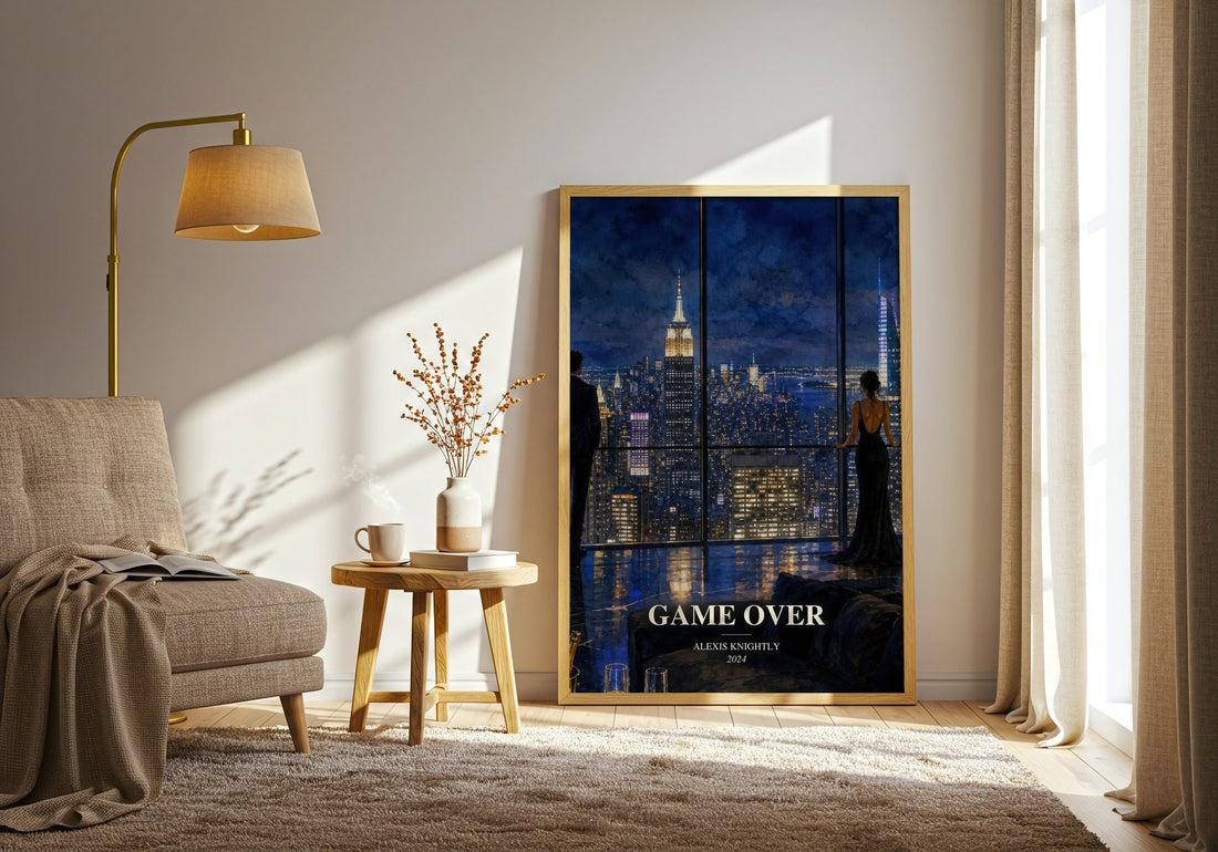 Game Over watercolour print in frame leaning in hallway – thriller wall art