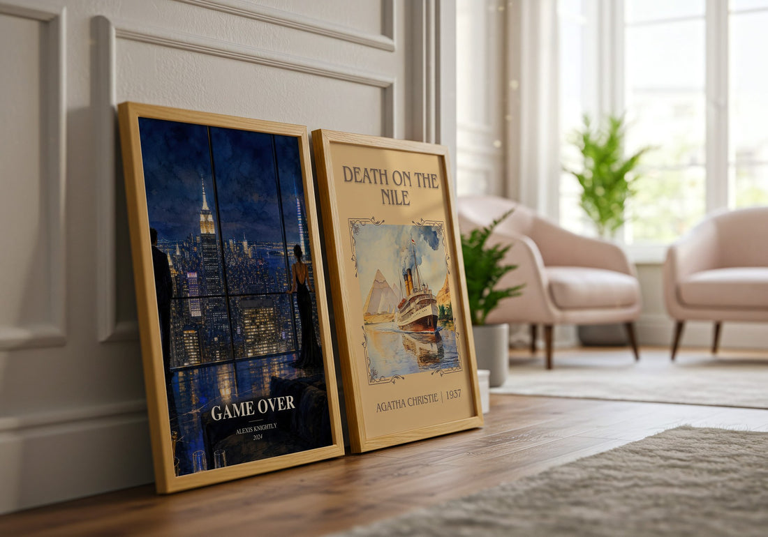 Game Over watercolour print framed by window – literary home decor