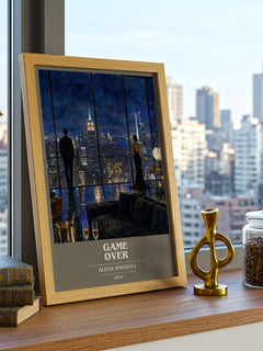 Game Over book cover print framed by window – literary home decor