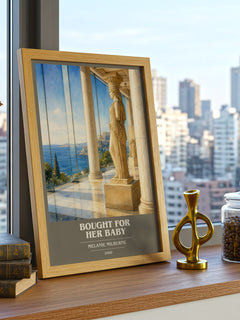 Bought For Her Baby book cover print framed by window – literary home decor