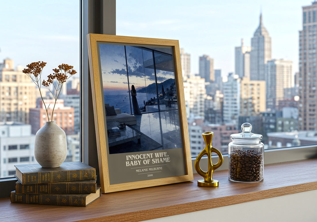 Innocent Wife, Baby of Shame book cover print framed by window – literary home decor