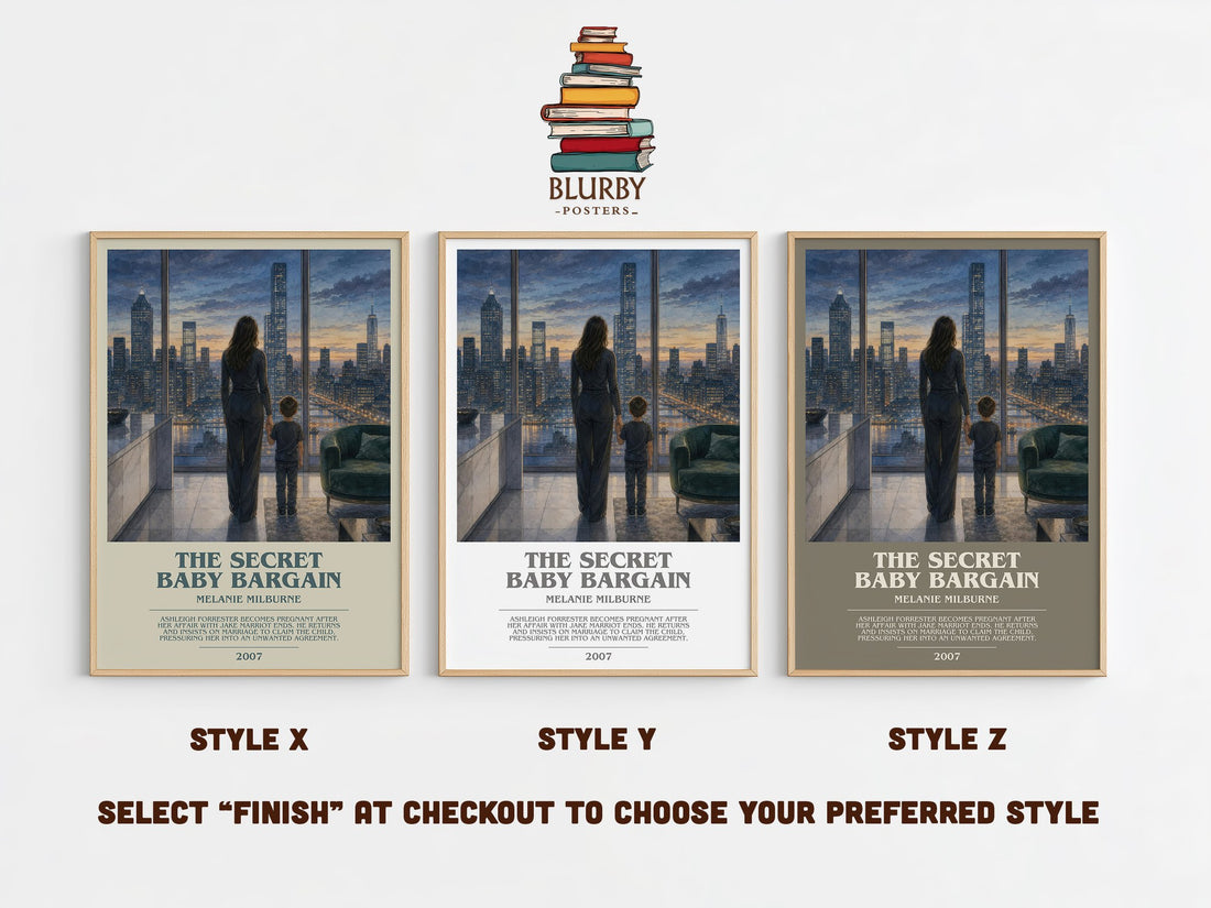 The Secret Baby Bargain bookish print in frame leaning in hallway – romance wall art (mockup)