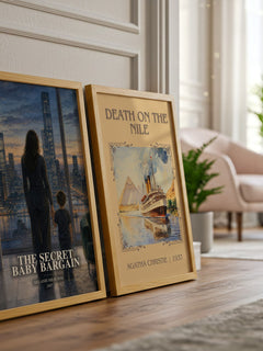 The Secret Baby Bargain watercolour print framed by window – literary home decor