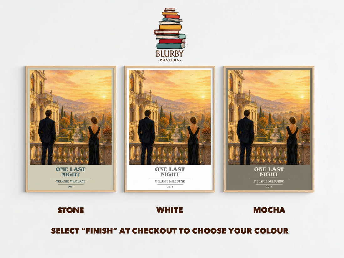 One Last Night book cover print framed by window – Stone, White and Mocha side by side – choose your colour