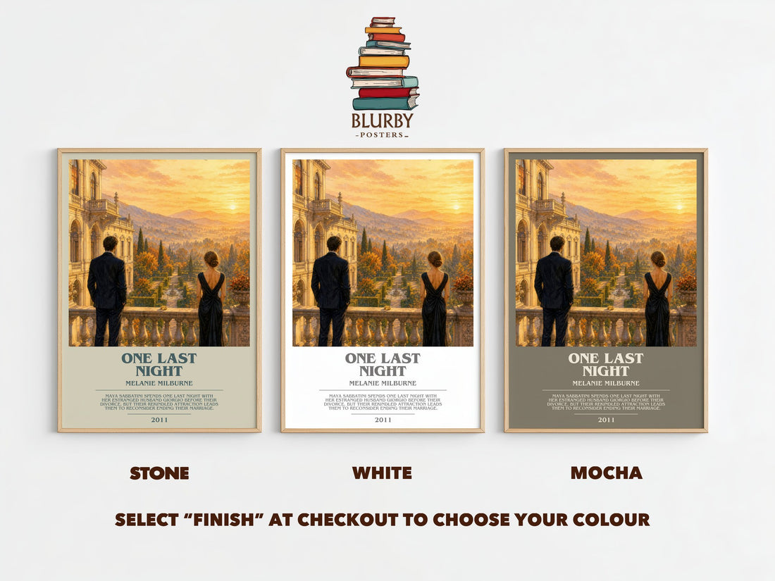 One Last Night bookish print framed by window – Stone, White and Mocha side by side – choose your colour