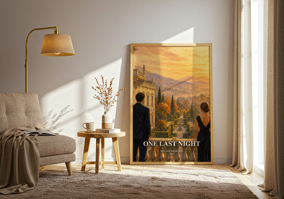 One Last Night watercolour print in frame leaning in hallway – romance wall art