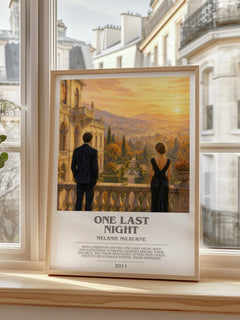 One Last Night bookish print in frame leaning in hallway – romance wall art