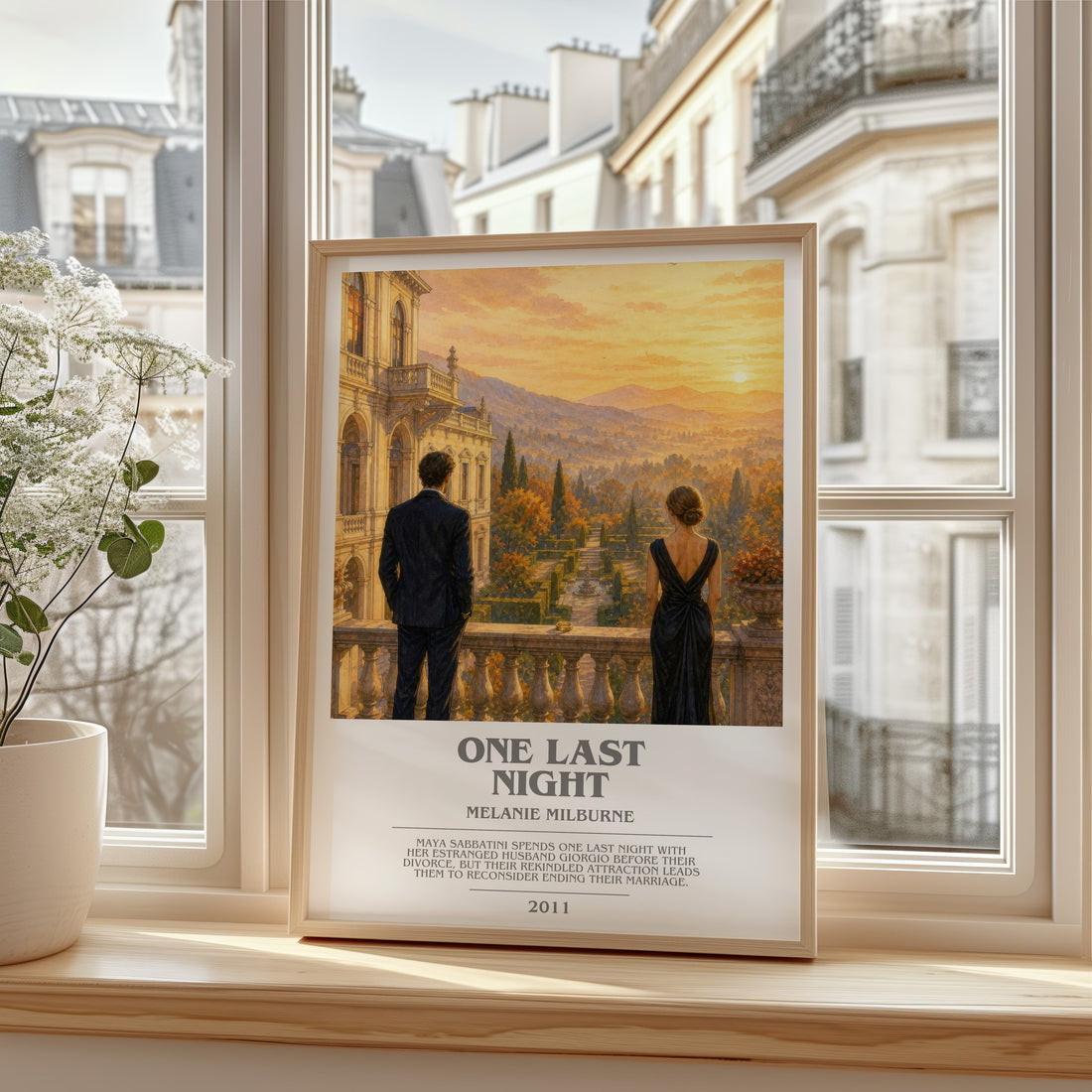One Last Night bookish print in frame leaning in hallway – romance wall art