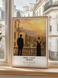 One Last Night book cover print in frame leaning in hallway – romance wall art