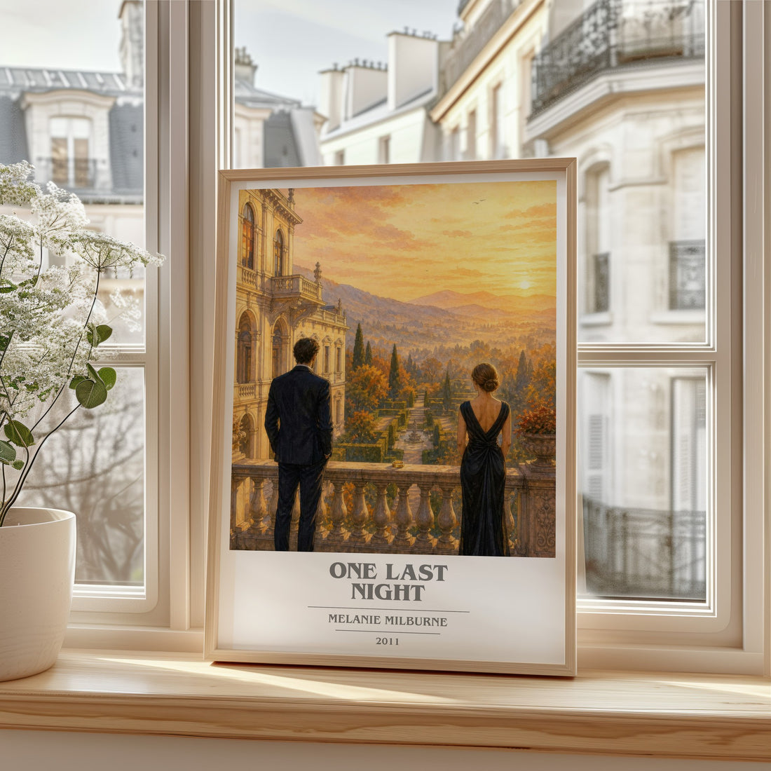 One Last Night book cover print in frame leaning in hallway – romance wall art