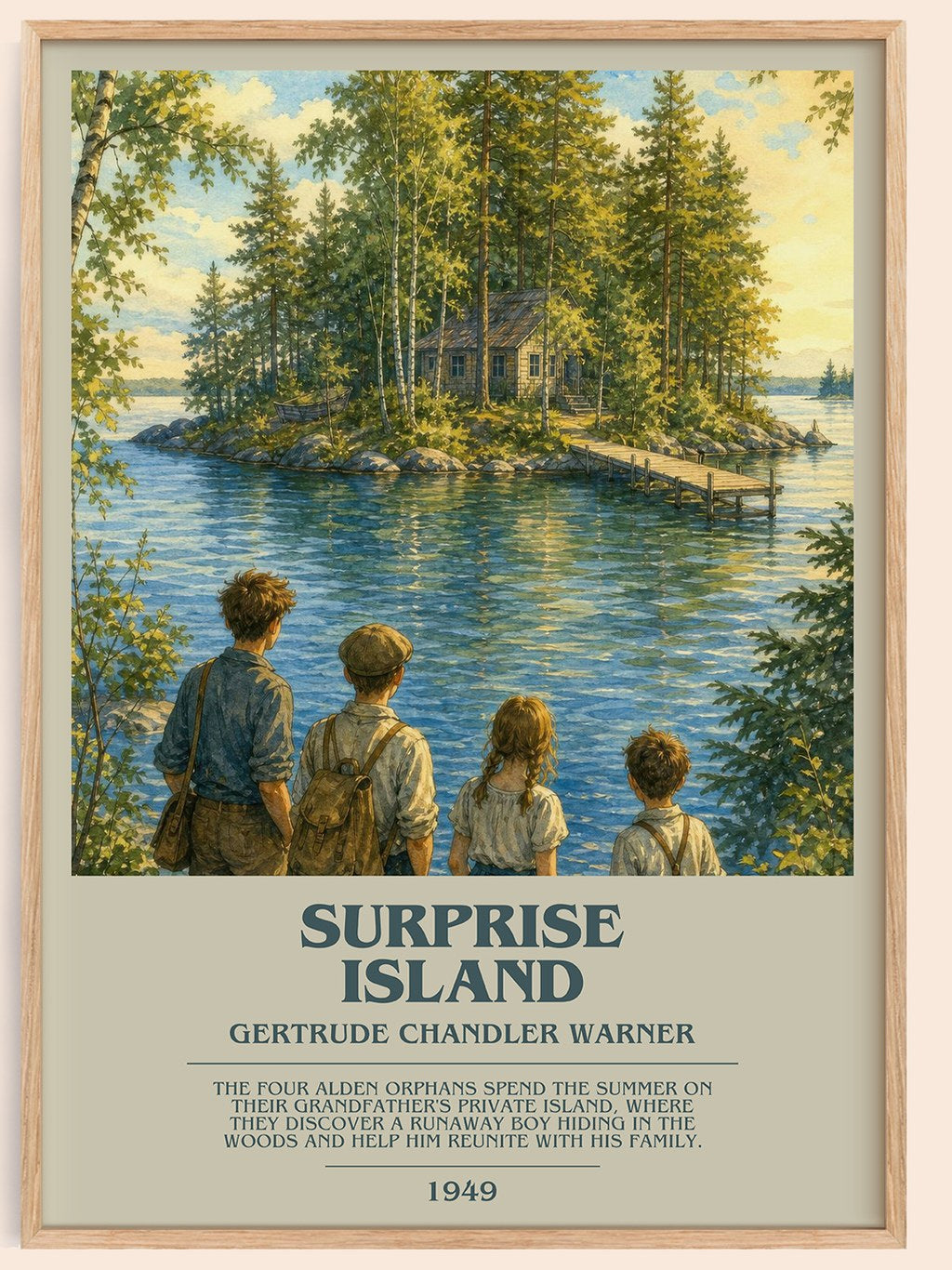 Surprise Island bookish book poster by Gertrude Chandler Warner – framed literary art print