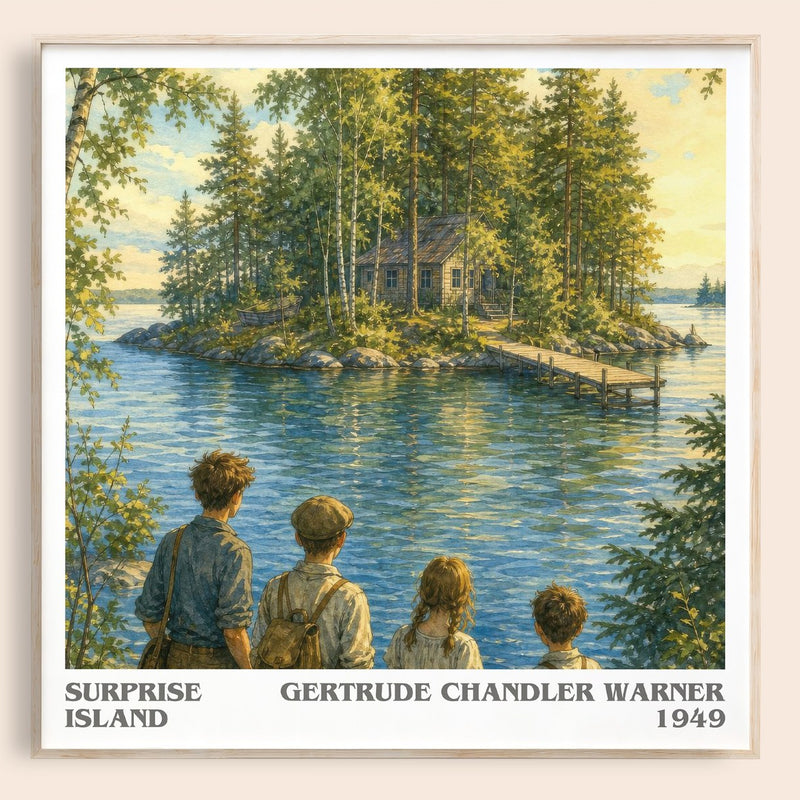 Surprise Island literary book poster by Gertrude Chandler Warner – framed literary art print