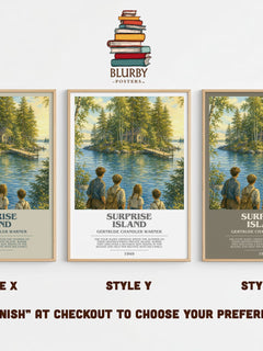 Surprise Island bookish print in frame leaning in hallway – childrens wall art