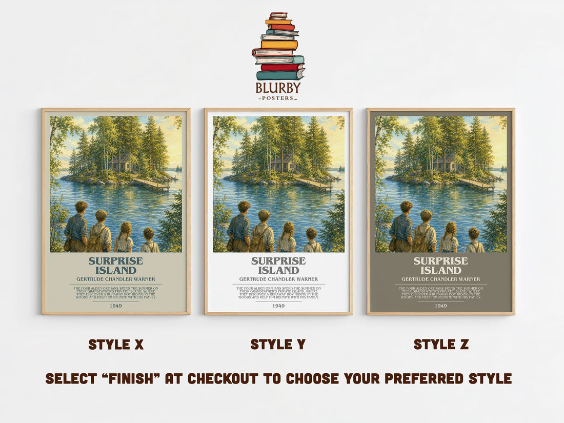 Surprise Island bookish print in frame leaning in hallway – childrens wall art (mockup)