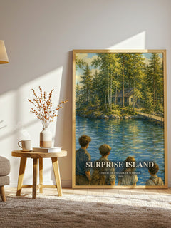 Surprise Island watercolour print in frame leaning in hallway – childrens wall art