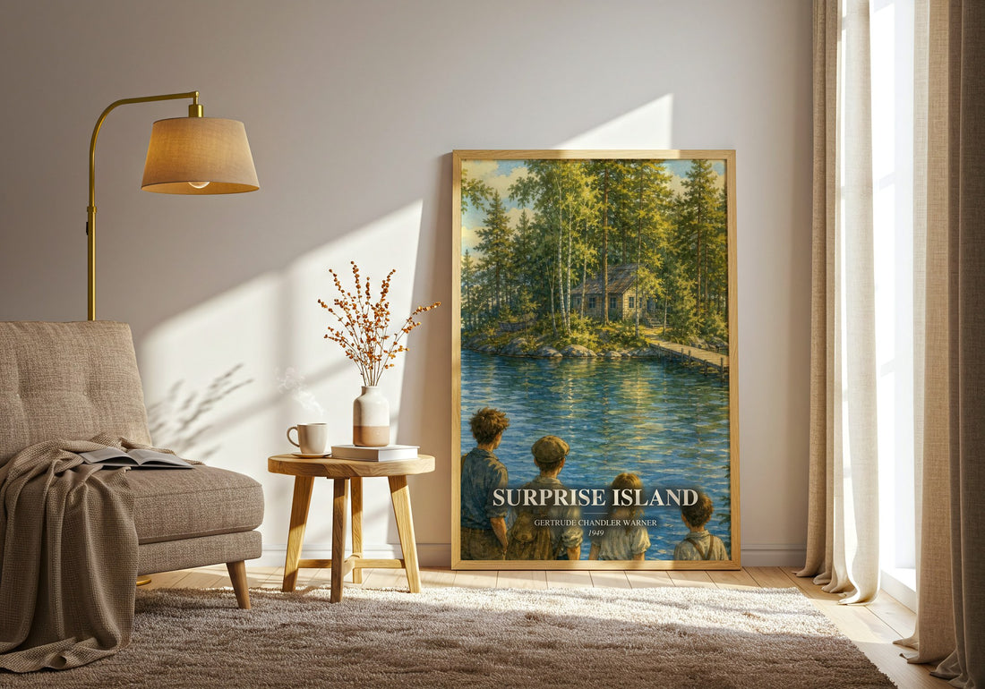 Surprise Island watercolour print in frame leaning in hallway – childrens wall art