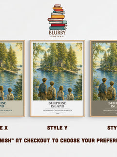 Surprise Island book cover print in frame leaning in hallway – childrens wall art