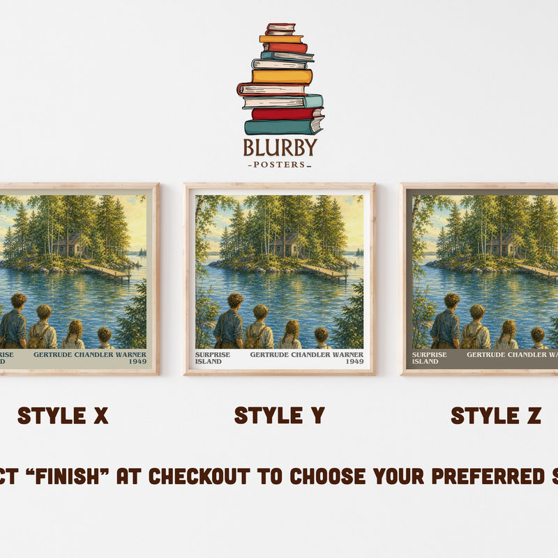 Surprise Island literary print in frame leaning in hallway – childrens wall art