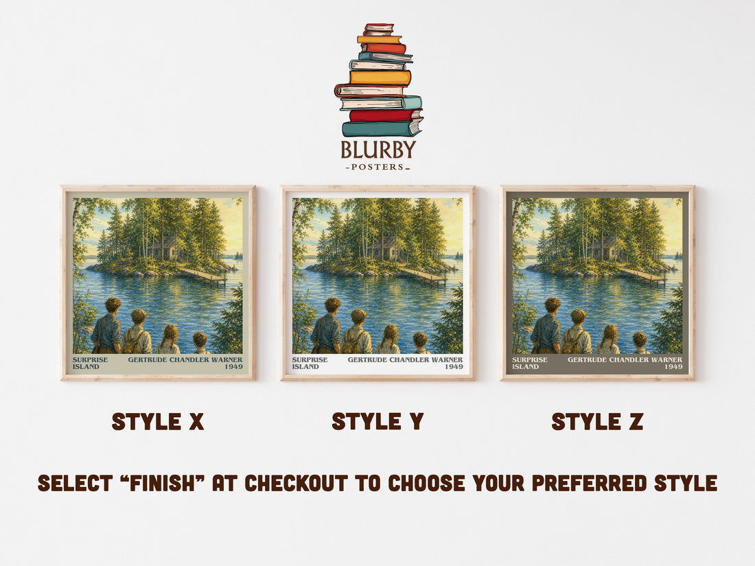 Surprise Island literary print in frame leaning in hallway – childrens wall art (mockup)