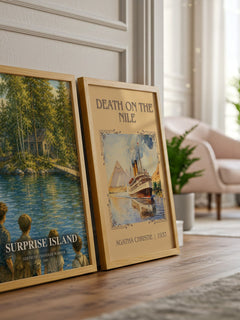 Surprise Island watercolour print framed by window – literary home decor
