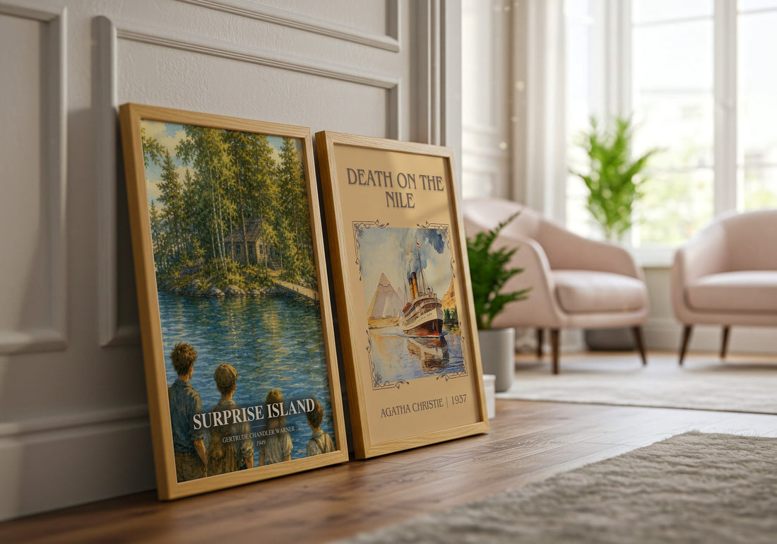 Surprise Island watercolour print framed by window – literary home decor